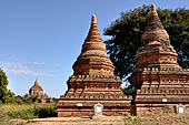 The cluster of red brick temples, named Khay-min-gha on the map on the North plain of Bagan. Myanmar. 